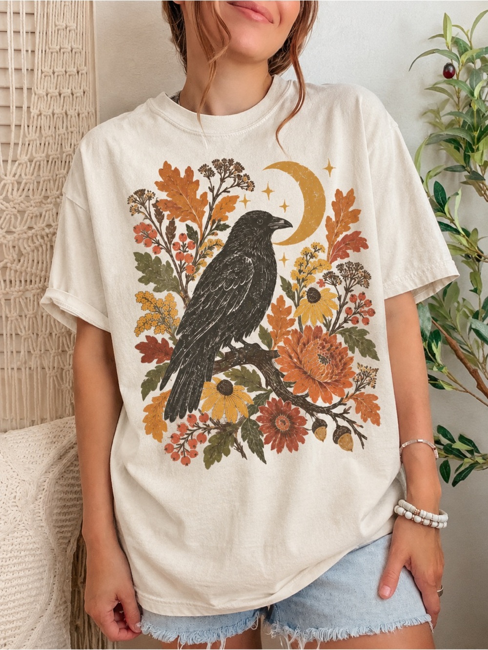 Celestial Crow Fall T-Shirt, Autumn Floral Graphic Tee, Witchy Fall Nature Shirt